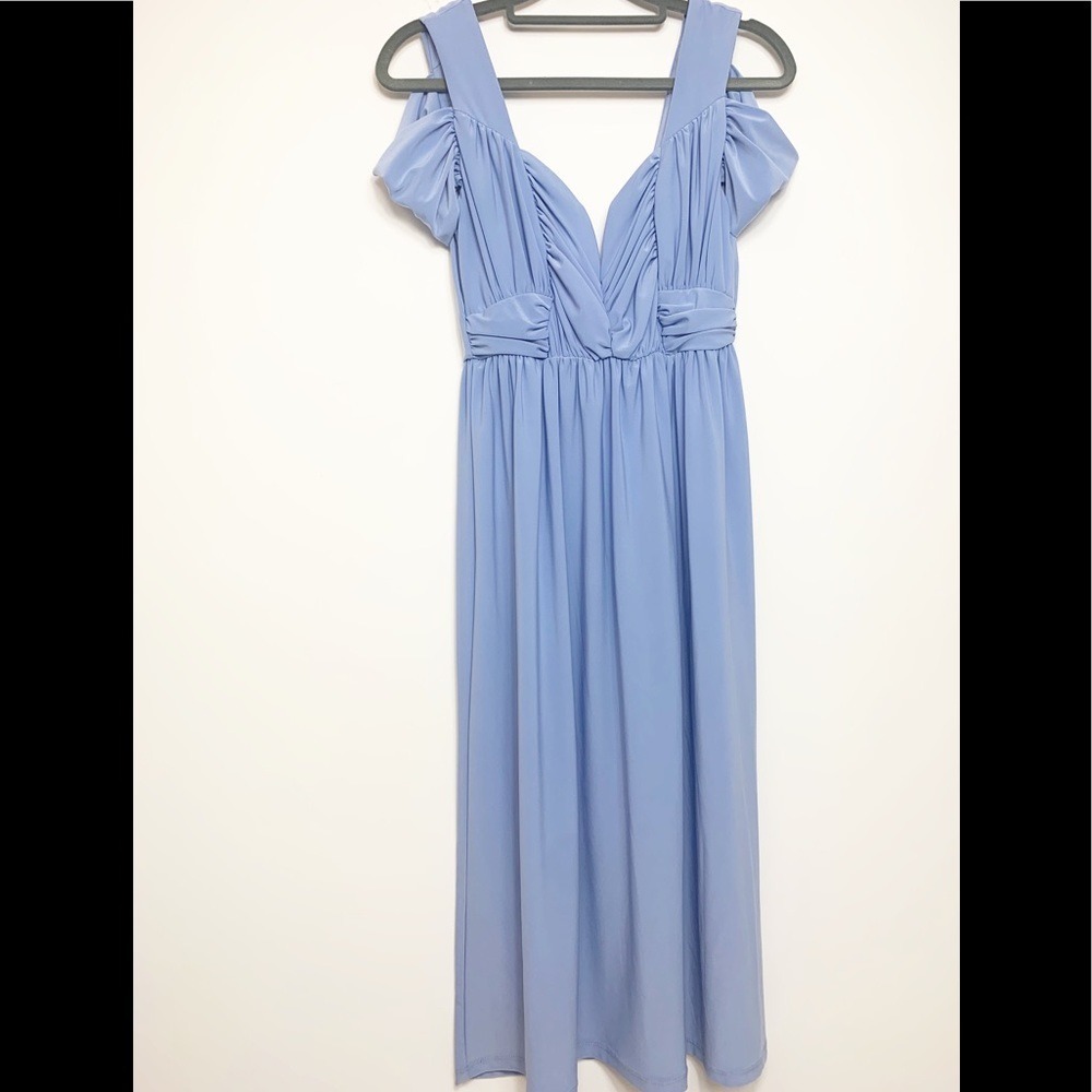 ASOS Cornflower Blue Ruched Cold Shoulder Open Back Maxi Dress Formal Gown‎